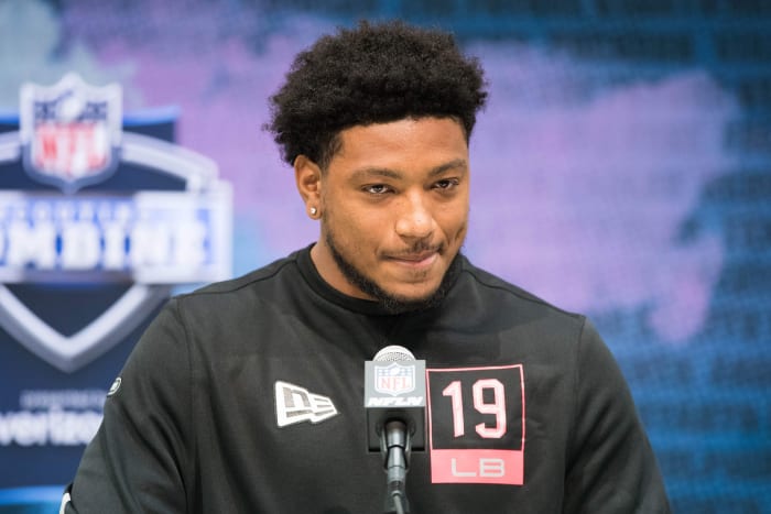 Feb 27, 2020; Indianapolis, Indiana, USA; Ohio State linebacker Malik Harrison (LB19) speaks to the media during the 2020 NFL Combine in the Indianapolis Convention Center.